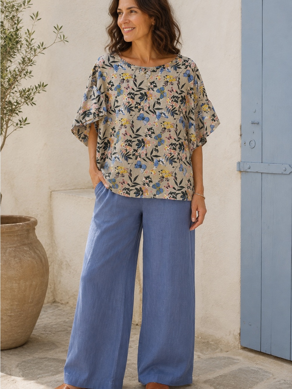 Viola Borghi Made in Italy 100% Linen Floral Butterfly Blouse – Size M